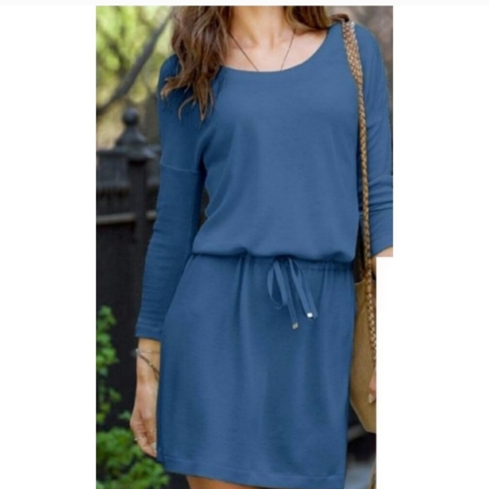 Victoria's Secret Waffle Knit Drawstring Waist Dress Blue 3/4 Sleeve Size Small